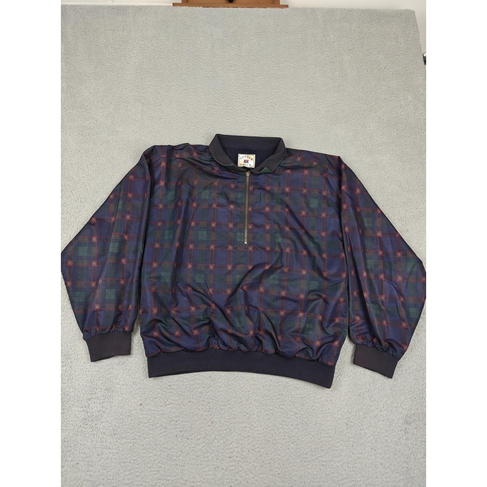 Vintage Cutter‎ & Buck Windbreaker Jacket Mens Large Blue Plaid 1/4 Zip Golf
